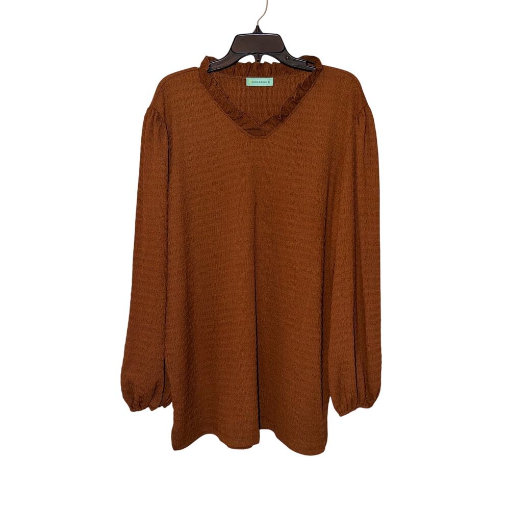 Sunshine & Rodeos Women XL Brown Ruffle V Neck Long Sleeve Tunic Top Boho